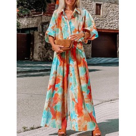 SANHECUN Jumpsuits for Women 2024 Short Sleeve V Neck Button Belted Wide Leg Loose Fit Casual Boho Style Rompers Jumpers (Rainbow, L)