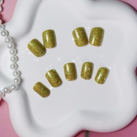 Light Gold Glitter Press on Nails Short Square Shape Sparkling Short Gel Nails Press on Acrylic Nails Reusable Fake Nails for Women Glue on Nails Short with Bling Glam Designs Square False Nails 24Pcs