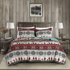 Chezmoi Collection Dune 3-Piece Southwestern Cowboys Aztec Quilt Set - Multicolor Teal Brown Beige Tan Red Printed Microfiber Bedspread Set, Full (90" x 95")