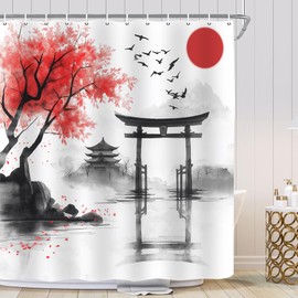iTapnoom Japanese Anime Shower Curtain, Chinese Mountain Sun Watercolour Bathroom Bath Curtain, Waterproof Shower Curtian Accessory Set 12 Hooks 72x72 inch