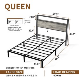 yenlacy Queen Size Bed Frame with Headboard, Metal Platform Bed Frame with LED Lights & Charging Station, Under Bed Storage, Solid and Stable, No Box Spring Needed, Noise Free, Easy Assembly
