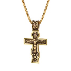 Oidea Eastern Orthodox Cross Necklace: Mens Womens Stainless Steel Retro Jesus Crucifix Cross Pendant Necklace Protection Religious Christian Prayer Jewelry Gifts, Gold