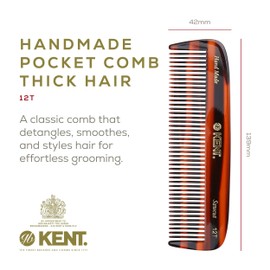 Kent 12T Tortoise Pocket Comb - Handmade Wide Tooth Hair Comb for Men, Women, and Kids - Travel, Beard, and Mustache Comb - Saw Cut and Hand Polished Made in England