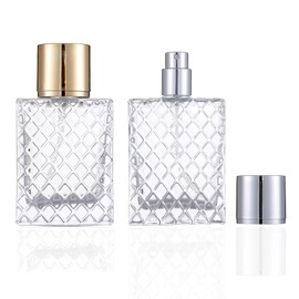Enslz 50ML /1.7OZ Transparent Atomizer Spray Refillable Perfume Bottle, Portable Square Dispenser Empty Glass Bottle (Gold & Silver)
