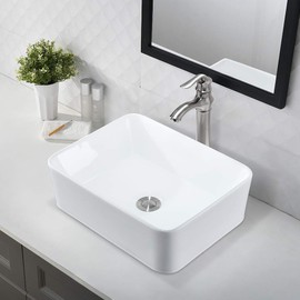 VOKIM Rectangle Bathroom Sink and Faucet Combo -16" x12" Above Counter White Porcelain Ceramic Bathroom Vessel Sink Basin Washing Bowl Set, Brushed Nickel Faucet Matching Pop Up Drain Combo