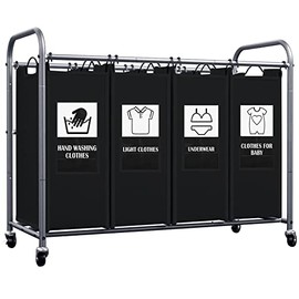 C&AHOME 4-Bag Laundry Sorter Cart, Laundry Basket Organizer Hamper, Removable Bags with 6 Sorting Cards and Heavy Duty Rolling Lockable Wheels for Clothes Storage, 39.4" L x 16.9" W x 31.5" H Black