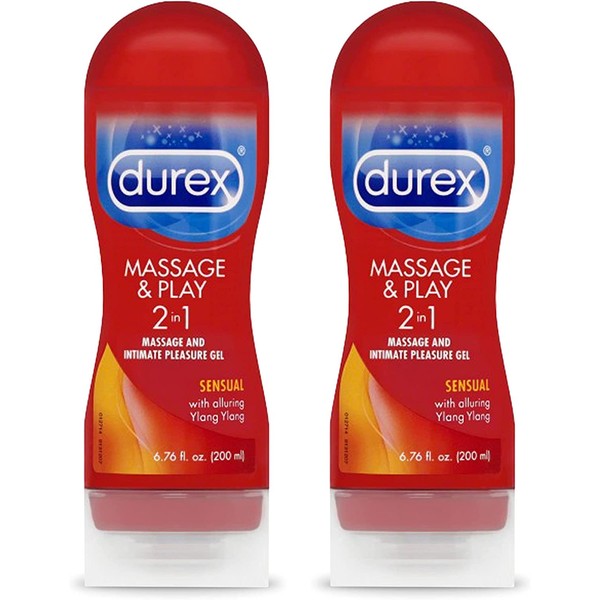 Durex Sensual Massage & Play 2 in 1, Massage Gel and Personal Lubricant, Intimate Seductive Lube with Ylang Ylang Extract, Water-Based, 6.76 Fl Oz (Pack of 2)