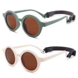 LIU·WEN Cute Baby Round Polarized Sunglasses with Strap for Newborn Infant Ages 0-24 Months,UV Protection(Green/Brown+White/Brown)