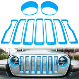 Bonbo Mesh Grille Grill Insert & Headlight Turn Light Cover Trim Exterior Accessories for Jeep Wrangler JL Sport/Sports 2018-2023 (Baby Blue)