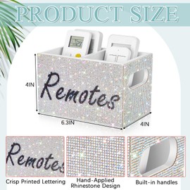 MotiMind Bling Remote Control Holder Rhinestone 2 Compartment Wooden TV Remote Caddy Holder Organizer Storage Box for Table Nightstand with and Label, Sparkly Gifts for Women(White)