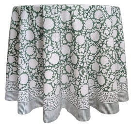 ATOSII Shalimar Green 100% Cotton Round Boho Fall Tablecloth, Handblock Floral Table Cloth Linen for Kitchen Dining I Parties Wedding Outdoors Christmas Thanksgiving I Fall Home Decor 90" Inches Round