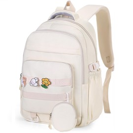 PRLINJSK Cute Backpack for Teen Girls Boys, Aesthetic Laptop Bookbag for College High Middle School Student Women,Beige