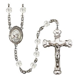 St. Louis Marie de Montfort Silver-Plated Rosary 6mm April Crystal Fire Polished Beads Crucifix Size 1 5/8 x 1 medal charm