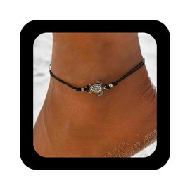 Erimberate Bohemian Sea Turtle Anklet Bracelet Black Woven Rope Ankle Bracelet Silver Metal Turtle Chain Anklet Adjustable Wax Cord Anklets Summer Beach Foot Chain Jewelry for Women