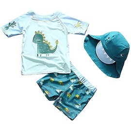 Baby Toddler Boys Two Pieces Swimsuit Set Swimwear Dinosaur Bathing Suit Rash Guards with Hat UPF 50+ (Lake Blue, 3-4 Years)