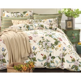 FADFAY Floral Duvet Cover Set 100% Cotton Green and Beige Striped Shabby Flower Bedding Branches Summer Bedding Reversible 600 TC Soft Zipper Comforter Cover & 2 Pillowcases，Full