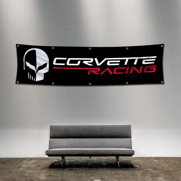 Kasflag Corvette Racing Skull Banner For Fans (2x8ft/60x240cm,Heavy Duty, Durable