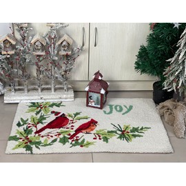 EZ.enjoy Winter Cardinal on Branch Holly Berries Joy Hand-Hooked Accent Rug 28.5 X 17 Inches for Holiday Christmas Home Decor