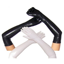 krautwear® Women's Long Shiny Wet-Look Leather-Look Gloves, Evening Gloves Approx. 53 cm Long - Black+white