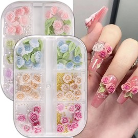 Auiremrti 2 Pieces Flower Charms for Nail Art, 3D Blossoms for Nails, Flat Back Resin Nail Charms in Rose or Camellia Shape for Women, DIY Craft Supplies