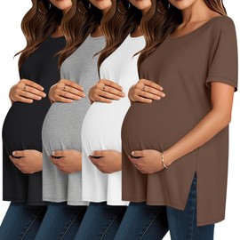 Baggyfly 4 Pack Maternity Shirts Split Side Cotton Pregnancy Tops Loose Fit Crewneck Short Sleeve Casual Maternity Clothes(Brown, White, Light Gray, Black,Large)