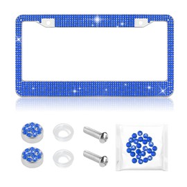 Bling Diamond License Plate Frame,Universal Stainless Steel License Plate Holder Fits U.S. Standard 2 Holes Model,Sparkle License Plate Frames Bling Car Accessories for Women (Blue)