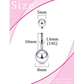 Goerhsjie F136 Implant Grade 14g 10 mm 10mm Extra Long Longer Bars Real Titanium Belly Button Rings Navel Jewelry for Healing Internally Threaded Christina Piercing for Women Men