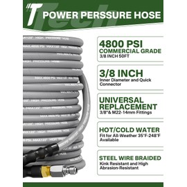 TechSweepPro 3/8" 4800PSI Pressure Washer Hose 50FT with Swivel Quick Connect for Cold/Hot Water Max 248°F, Kink Resistant Steel Wire Braided, Wear Resistant Power Washer Hose with M22 14mm Adapter