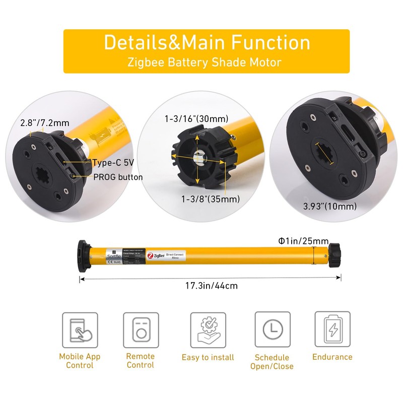Sortfle 1.5" Zigbee Blinds Motor Rechargeable, Automatic Blinds Opener-No Wiring,
