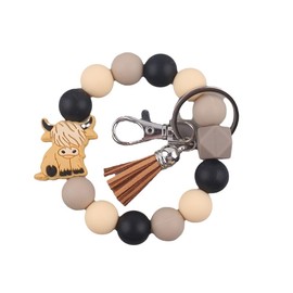 Animal Cow Wristlet Keychain Highland Wrist Coil Cow Goat Elk Keyring Gifts for Women Men - Khaki Cow