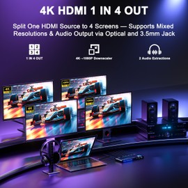 HDMI Splitter 1 in 4 Out, JCHICI HDMI Switcher Splitter 4K@60Hz 4:4:4