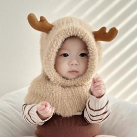Children's Balaclava Hat: Korean Style Faux Fur Winter Elk Design (LF1556) - Free Size (48-52) Beige 4ea