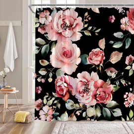 ZKJSMGS Black Floral Shower Curtain Watercolor Rose Flower Rustic Vintage Pink Red Floral Green Leaves Tropical Chic Retro Woman Bathroom Home Curtain Decor with Hooks,70" Wx70 H
