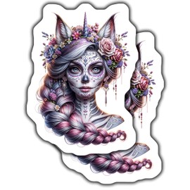 2-Pack 5-Inch Sugar Skull Unicorn Stickers - Fantasy Unicorn with Floral Crown - Day of The Dead Sugar Skull Decal - Mystic Makeup Cat Stickers - Novelty - CCSTICKER13365