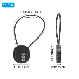PATIKIL 4 Pack 3 Digit Combination Lock,Round Helmet Padlock Cable Lock Gym Locker Lock with 0.44Ft Flexible Security Steel Lock Wire for Bike Locker Travel Luggage, Black