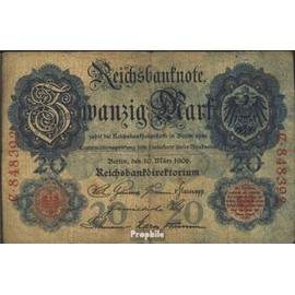 Prophila Collection Banknote German Reich Rosenbg: 24a, 6-digit control number used (III) 1906 20 Mark (banknotes for collectors - no means of payment)