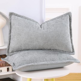 Madizz Set of 2 Chenille Velvet Cushion Covers with Flange Soft Boho Textured Throw Pillow Covers Broadside Pillowcases Modern Farmhouse Home Decor for Sofa Bedroom Grey 12x20 inch, 30x50 cm