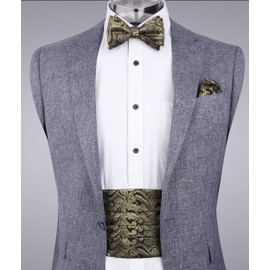 Alizeal Mens Paisley Cummerbund and UNTIED Bow Tie with Hanky Set (Black Gold)