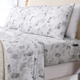 Sleepdown 100% Cotton Flannel Sheets Queen Size - Super Soft, Heavyweight, Double Brushed, Anti-Pill Flannel Queen Sheets - 16" Deep Pocket Queen Fitted Sheet X2 Side Pockets (Queen, Penguin)