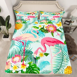 Feelyou Tropical Flamingo Bedding Set Twin Size, Pink Flamingo Fitted Sheet Palm Tree Print Bedding Set Botanical Bed Cover with 1 Pillow Case (No Flat Sheet)