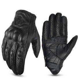 LYHXS-MOTOS Vintage Leather Motorcycle Riding Breathable Gloves - Comfortable, Wear-Resistant Motocross Gloves with Full Finger Protection for All Seasons (Black with Hole, Large)