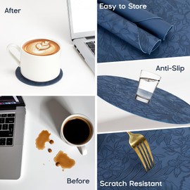 Placemats Set of 6, Faux Leather Round Table Mats, Heat-Resistant Non-Slip Washable Place Mats for Dining Kitchen Outdoor, Boho Blue