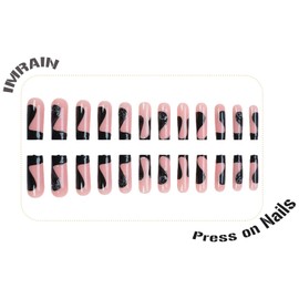 IMRAIN Black French Tip Press on Nails Long Square Fake Nails with 3D Designs Acrylic Nails Press on Glossy Glue on Nails Squoval Artificial Stick on Nails for Women Girls 24Pcs