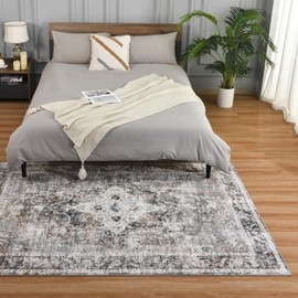 4x6 Washable Area Rug Gray Vintage Floral Print Nonslip Thin Foldable Carpet for Living Room Bedroom Kitchen and Bathroom Traditional Distressed Indoor Accent Rug
