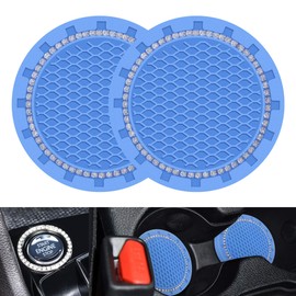 iSaddle Bling Car Cup Holder Insert Coaster for Women's Auto Interior Accessories & Crystal Rhinestone Ring for Engine Ignition Button - Glitter Shining Girl's Vehicle Decoration(2.75" Diameter/Blue)