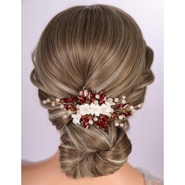 Teyglen Floral Flower Hair Comb Red Rhinestone Pearl Wedding Hair Comb Bridal Crystal Headpiece Bride Wedding Hair Piece Flower Hair Accessories for Women (Wine red)