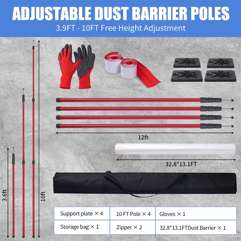 10FT Dust Barrier Zipper Door Kit with 32.8×14.7FT Plastic Sheeting,