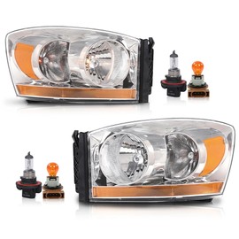 CHEDA Headlights Assembly w/Light Bar Compatible with Dodge Ram 1500 2006-2008/Fit Dodge Ram 2500 3500 2006-2009 Headlamps Clear Lens Chrome Housing Amber Reflector Faros Conjunto De Faros