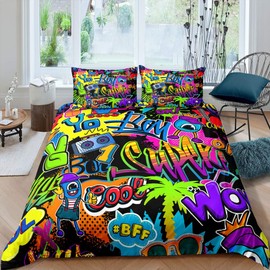 Hippie Cartoon Bed Linen Set, Hip Hop Street Culture Bedding Set, 135 x 200 cm, Graffiti Letters Bed Set for Children, Boys, Girls, Teenagers, 2 Pieces, Zip, Microfibre