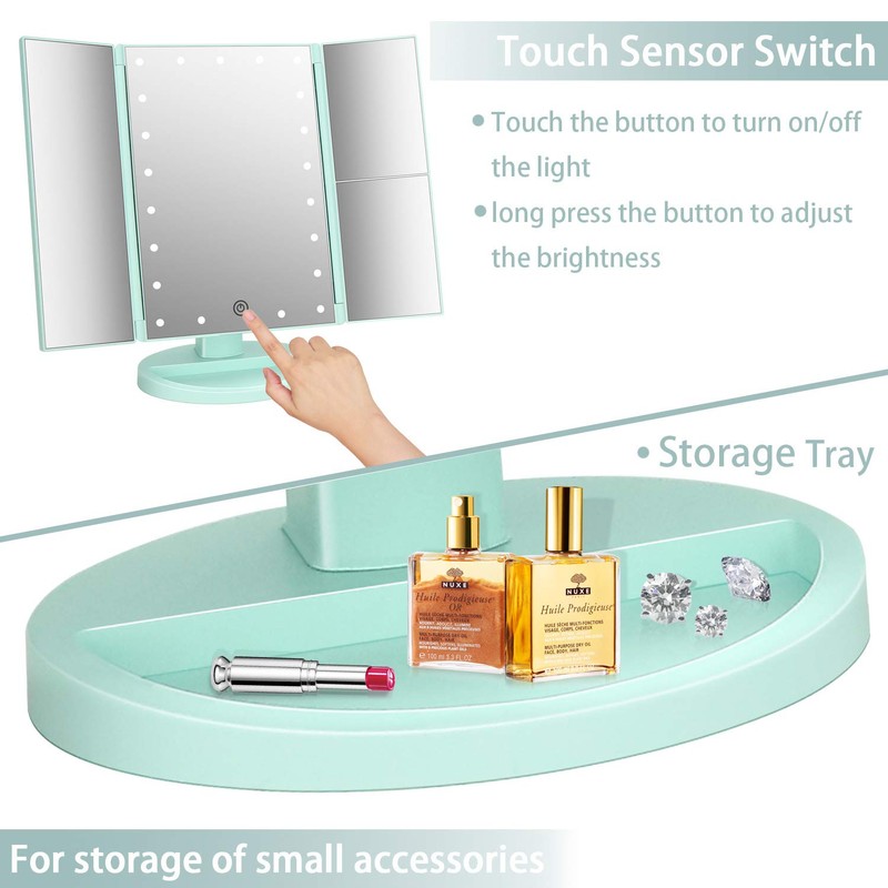 deweisn Tri-Fold Lighted Vanity Tabletop Mount Mirror with 21 LED